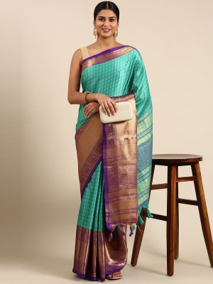 WINKLECART Woven Mysore Cotton Silk Saree(Light Blue, Gold, Purple)