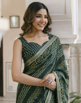 SIRIL Printed Bandhani Chiffon, Georgette Saree(Dark Green)