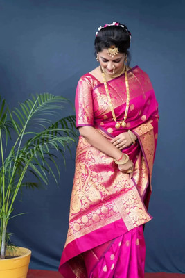 HouseOfCommon Woven Kanjivaram Silk Blend Saree(Pink)