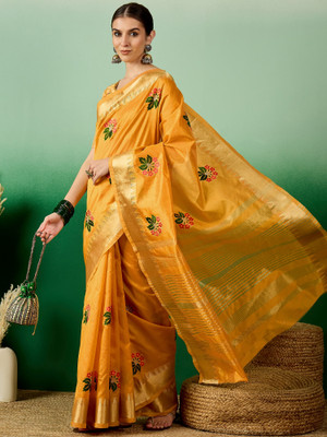 Tasrika Embroidered Assam Silk Cotton Silk Saree(Yellow)