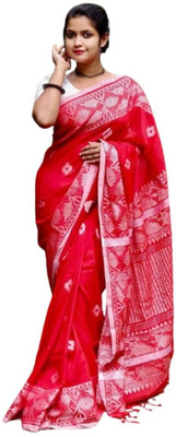 ANU INDIAN FASHION Woven Handloom Cotton Blend Saree(Red)