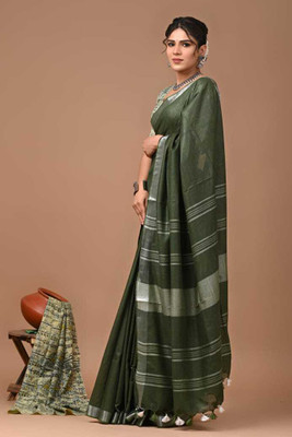 GR Handloom Solid/Plain Bhagalpuri Handloom Cotton Linen Saree(Dark Green)