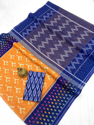 Margi Designers Graphic Print Handloom Cotton Linen Saree(Brown)