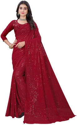 SHREE SHUBH ENTERPRISE Embellished, Embroidered, Self Design Bollywood Georgette Saree(Maroon)