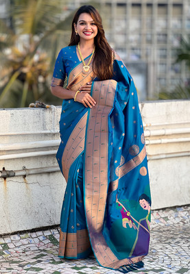 SICHYAH Woven, Self Design Paithani Pure Silk Saree(Blue)