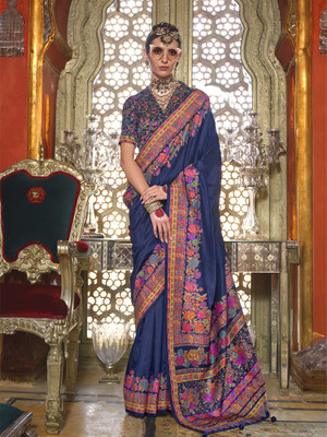 Elora Floral Print Saree with Attached Blouse Silk Blend Saree(Dark Blue)