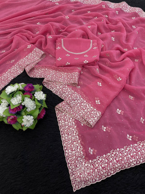KHRITI FAB Embroidered Bollywood Organza Saree(Pink)