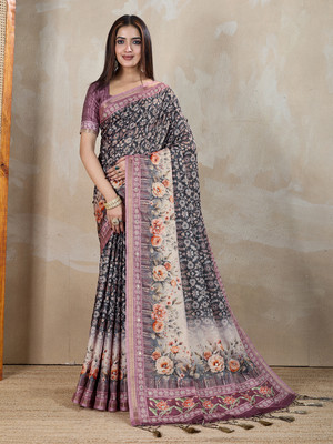 DOI MOI Embellished, Printed Bollywood Silk Blend Saree(Black)