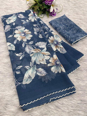 niesha fashion Floral Print Daily Wear Georgette Saree(Dark Blue)