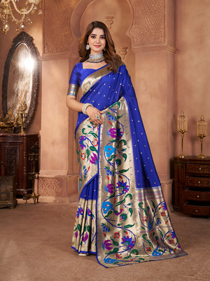 Pandadi Saree Printed Paithani Cotton Silk Saree(Blue)