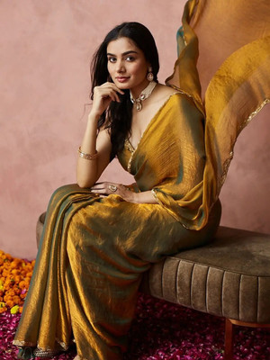 SHAYONAM Solid/Plain Bollywood Organza, Silk Blend Saree(Mustard, Gold, Yellow)