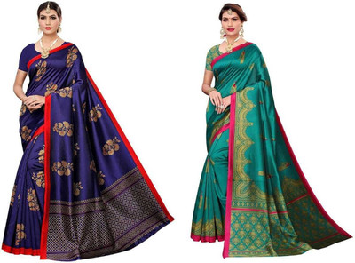 Grubstaker Printed Assam Silk Art Silk Saree(Pack of 2, Multicolor)