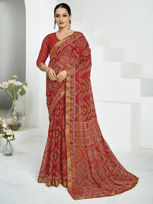 PANZORA Printed Bandhani Chiffon Saree(Red)
