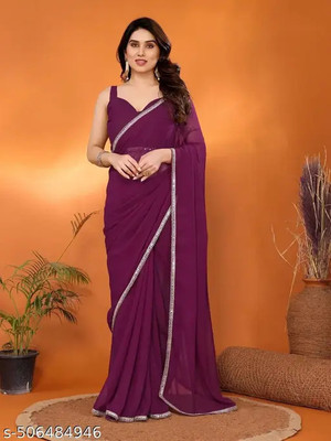 Uzox Solid/Plain Saree with Attached Blouse Georgette Saree(Maroon)