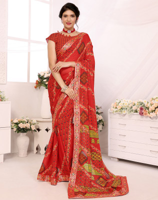 YASHIKA Printed, Digital Print Daily Wear Georgette, Lace Saree(Red)