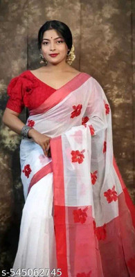 MINATIPVTLMT Embroidered, Floral Print, Solid/Plain, Woven Handloom Handloom Cotton Silk Saree(White)