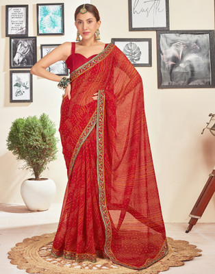 all about you Printed, Embellished, Embroidered Bandhani Georgette Saree(Red)
