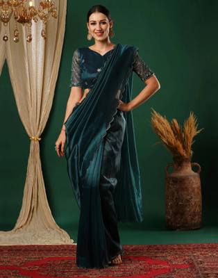 Samah Embroidered, Dyed Bollywood Net Saree(Blue)