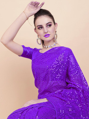Clemira Checkered, Embellished Bollywood Georgette Saree(Purple)
