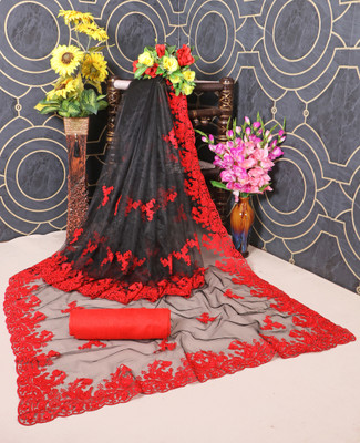 SPAREN CREATION Self Design Bollywood Net Saree(Black, Red)