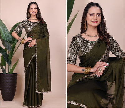 niesha fashion Embroidered Bollywood Chiffon Saree(Dark Green)