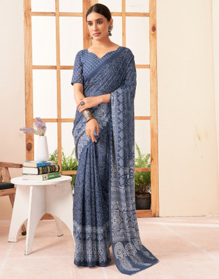 Samah Printed Handloom Pure Cotton Saree(Light Blue, White)