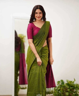 kushi fashion Solid/Plain Handloom Pure Cotton Saree(Dark Green, Pink)