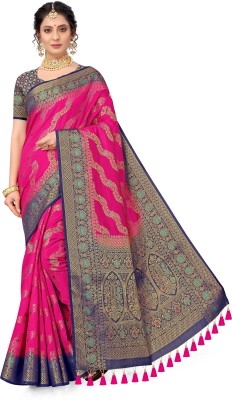 sarify creation Woven Banarasi Cotton Silk Saree(Blue, Pink)