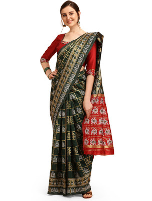 SERONA FABRICS Printed, Woven Banarasi Cotton Silk Saree(Green)