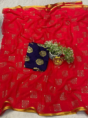 Desi Style Embellished Daily Wear Net, Chiffon Saree(Red)