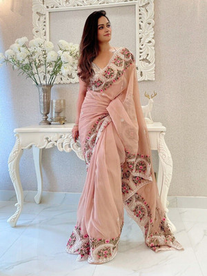 ANOUK Embroidered Saree with Attached Blouse Organza Saree(Orange)