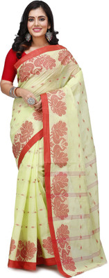 NihaRika Collections Printed Tant Pure Cotton Saree(Red, Yellow)