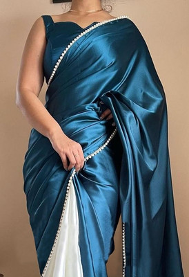 NILKNTH Solid/Plain Bollywood Satin Saree(Light Blue)