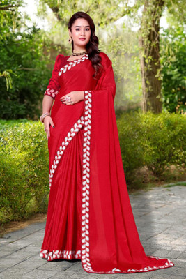 LAVYANSH CREATION Embroidered, Woven, Solid/Plain Bollywood Georgette Saree(Red)