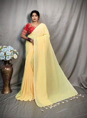 HouseOfCommon Solid/Plain Handloom Pure Cotton Saree(Yellow)