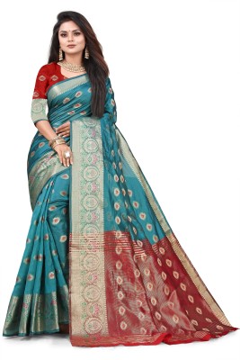 rangbhakti Woven, Paisley Banarasi Cotton Silk, Silk Blend Saree(Light Blue)