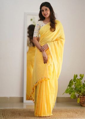 RSN SHREE Solid/Plain Daily Wear Cotton Blend Saree(Yellow)