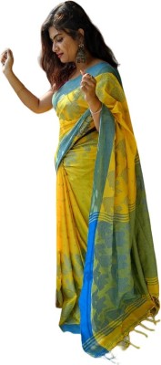 sourav biswas Woven Handloom Pure Cotton Saree(Light Blue, Yellow)