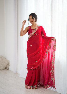 Sajavat Embroidered, Embellished, Solid/Plain Bollywood Satin Saree(Pink)