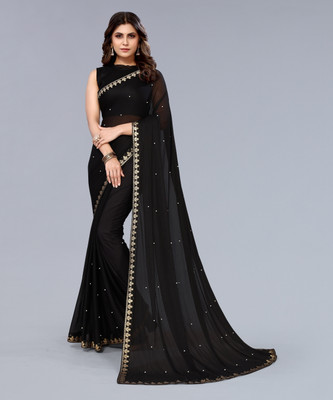 YASHIKA Solid/Plain Bollywood Lycra Blend Saree(Black)