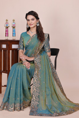 K 5 FASHION Embellished, Embroidered Bollywood Tissue Saree(Green)