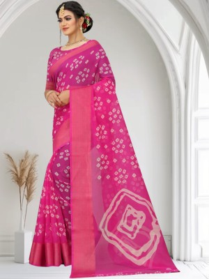 Grubstaker Printed Hand Batik Cotton Blend Saree(Pink)