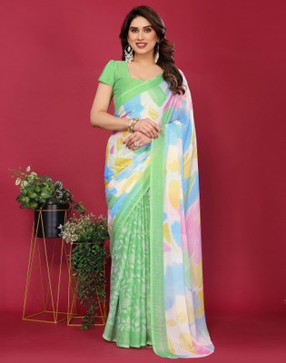 Divastri Floral Print Daily Wear Chiffon Saree(Green, Multicolor)