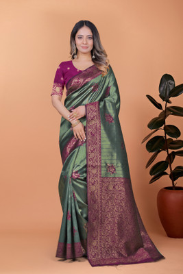 TRINETRA STUDIO Embroidered Bollywood Silk Blend Saree(Dark Green, Purple)