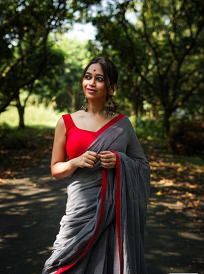 GOLU Solid/Plain Handloom Cotton Blend Saree(Grey)