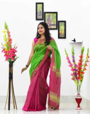 Tantikatha Woven Handloom Cotton Silk Saree(Pink, Green)