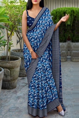 JERAVI Enterprise Floral Print, Woven Leheria Linen Saree(Light Blue)