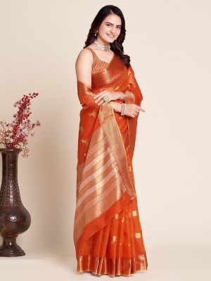 Orus Woven Kota Doria Cotton Silk Saree(Orange)