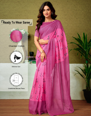 Satrani Floral Print, Geometric Print, Printed Sambalpuri Chanderi, Cotton Blend Saree(Pink)