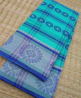 GHOSH TEXTILE Printed Tant Cotton Blend Saree(Light Blue)